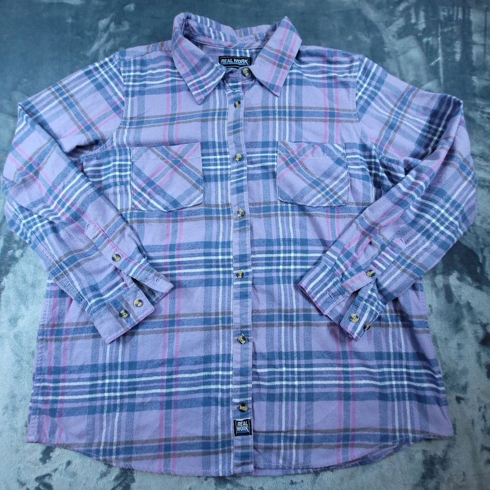 Real Work Womens Purple Plaid Flannel Button Down Shirt XL 16/18 Long Sleeve